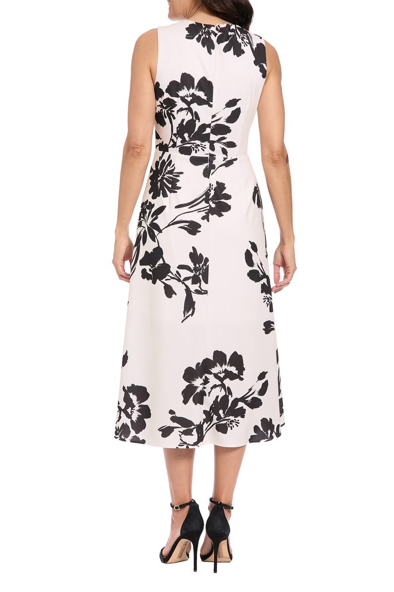 Floral Pleat Waist Midi Dress, Alternate, color, CREAM/ BLACK