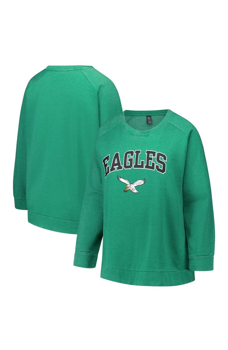 PROFILE Women's Profile  Kelly Green Philadelphia Eagles Plus Size Acid Wash Raglan Sweatshirt, Main, color, Kelly Green