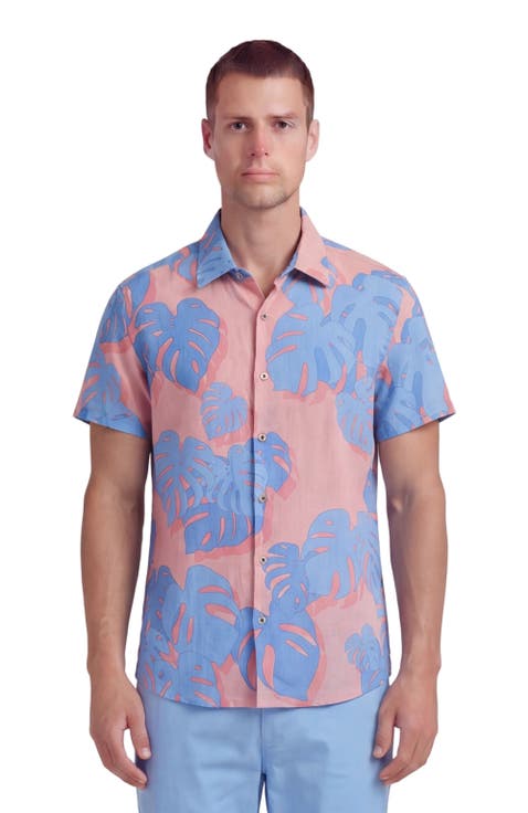 Monstera Floral Mens Linen Button-up Shirt