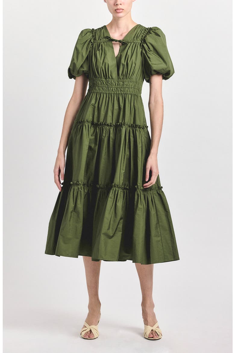 Phillipa Puff Sleeve Tiered Midi Dress, Main, color, FATIGUE