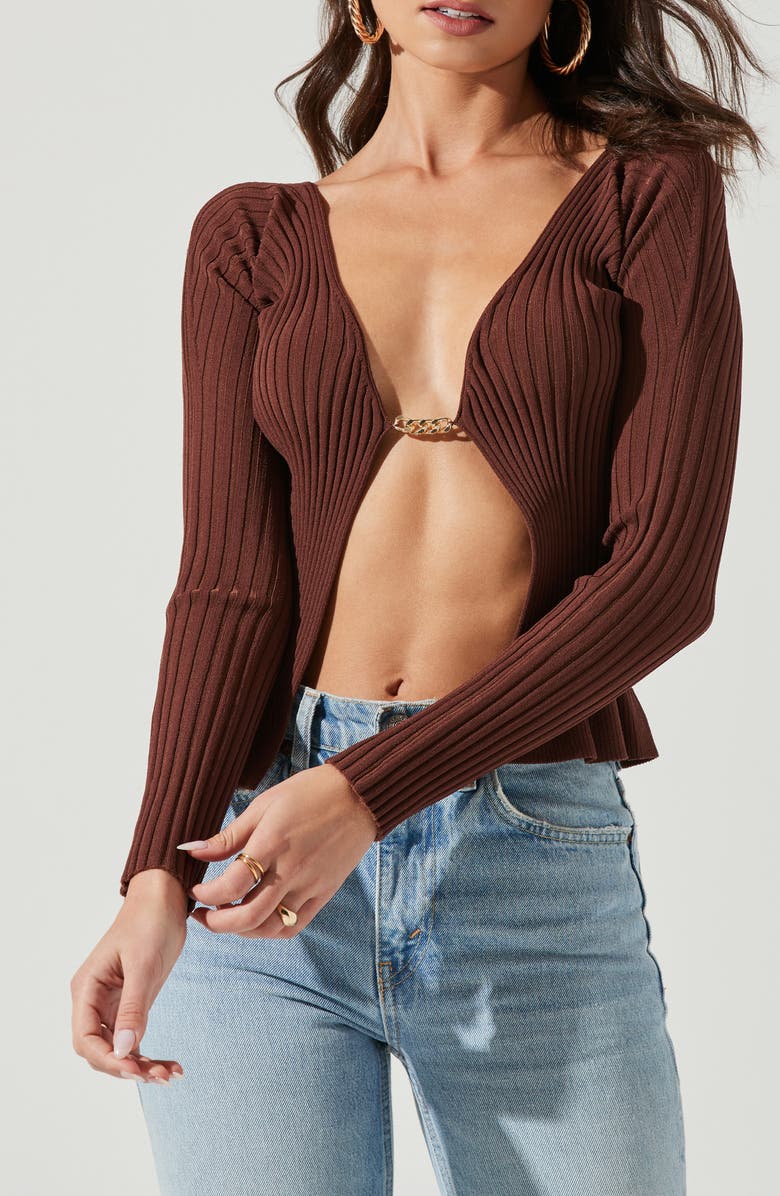 ASTR the Label Angelique Rib Cardigan, Alternate, color, Brown