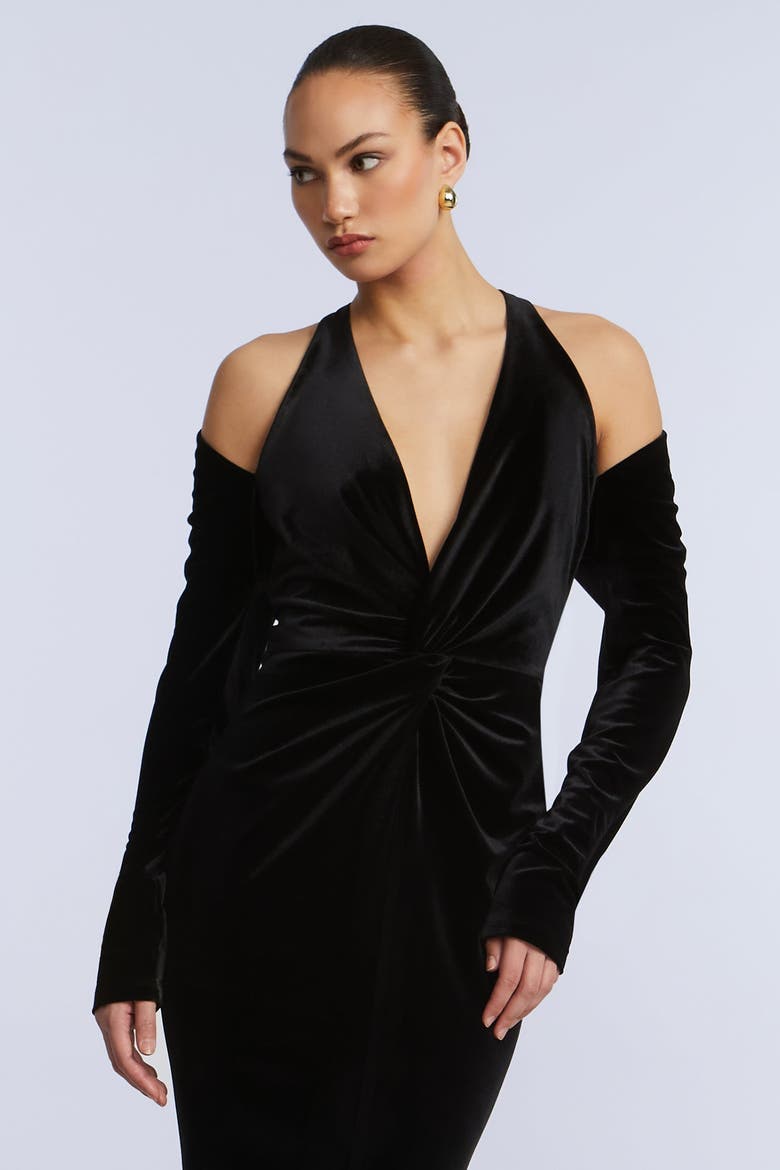 Long Sleeve Halter Velvet Gown, Alternate, color, Black