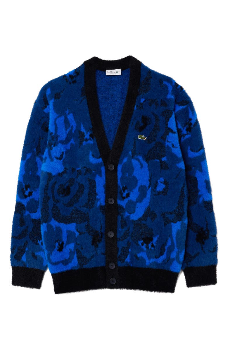 Lacoste Relaxed Fit Intarsia Floral Cardigan, Alternate, color, Globe/ Navy Blue-Lazuli