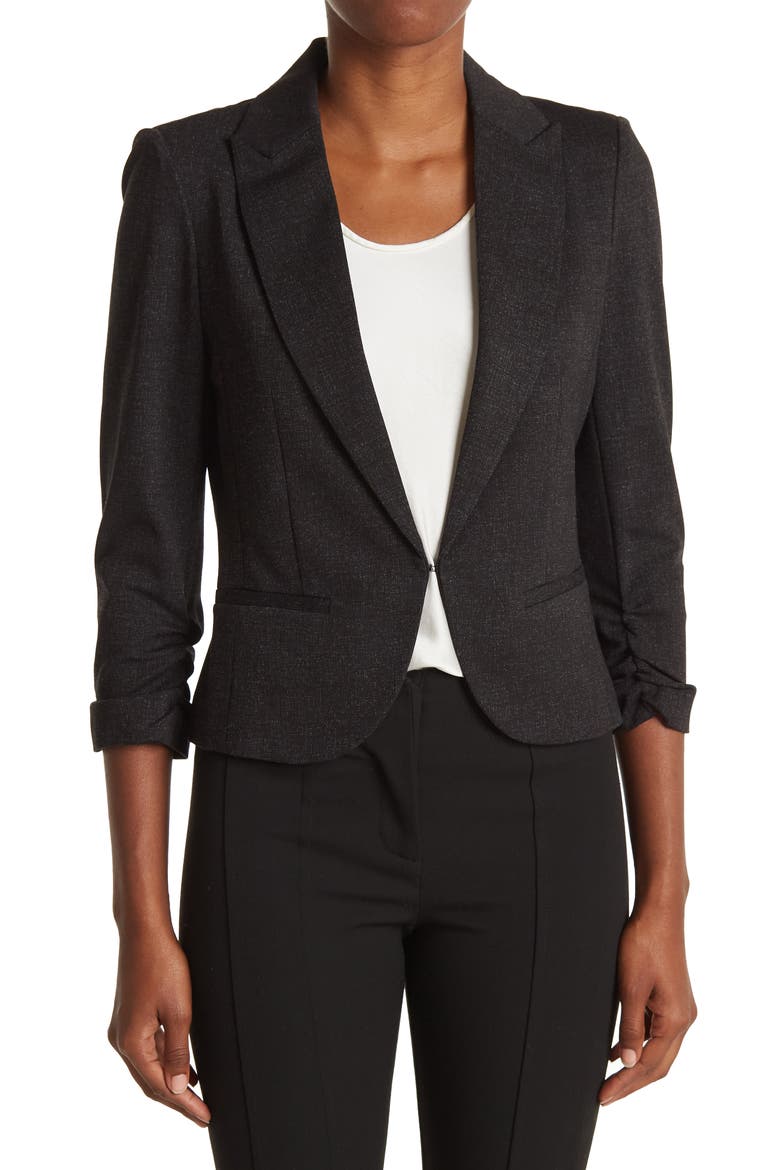 AMANDA AND CHELSEA Ruched 3/4 Sleeve Crop Ponte Knit Blazer, Alternate, color, BLACK