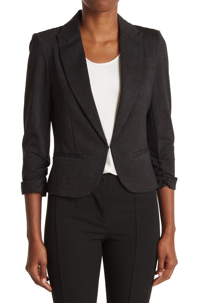 Amanda & Chelsea AMANDA AND CHELSEA Ruched 3/4 Sleeve Crop Ponte Knit Blazer, Alternate, color, 