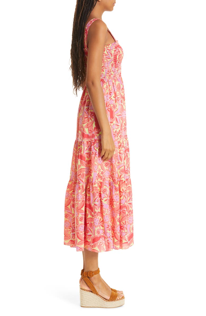 Nicole Miller Smocked Floral Silk Blend Midi Dress, Alternate, color, 