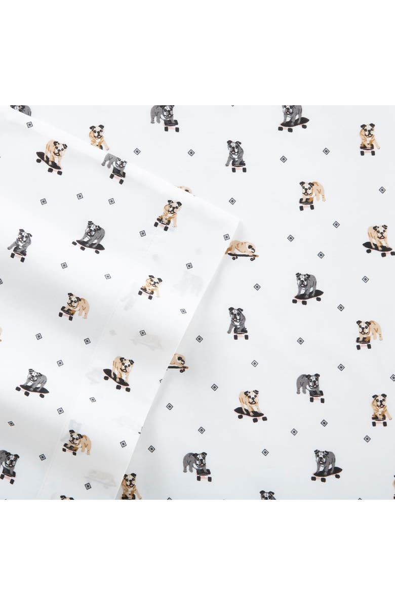 POPPY AND FRITZ Skateboarding Bulldogs 200 Thread Count Cotton Percale Sheet Set, Alternate, color, Grey