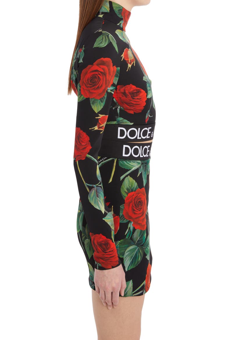 Rose Print Mock Neck Stretch Silk Crop Top, Alternate, color, HN2ZO ROSE FDO NERO