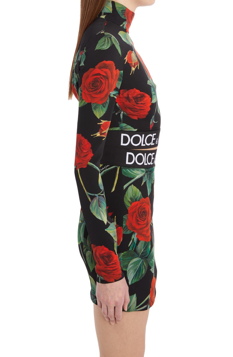 Dolce&Gabbana Rose Print Mock Neck Stretch Silk Crop Top, Alternate, color, 