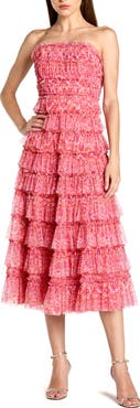 Mac Duggal Printed Mesh Ruffle Strapless Midi Dress
