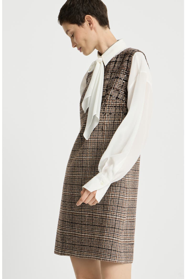 Checked alpaca and wool mini dress with dazzling degradé embroidery, Alternate, color, Brown