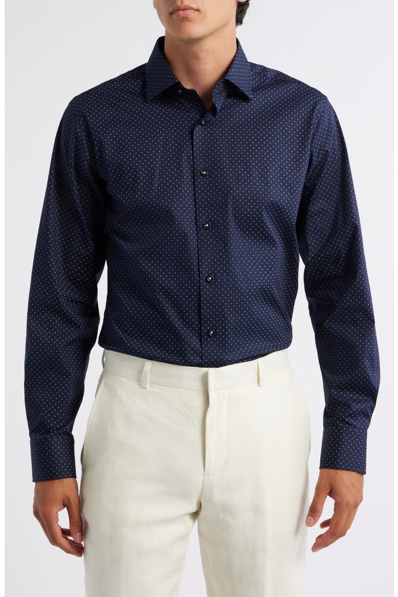 Trim Fit Neat Stretch Cotton Dress Shirt, Main, color, NAVY