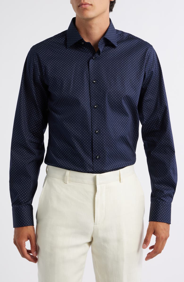 Lorenzo Uomo Trim Fit Neat Stretch Cotton Dress Shirt, Main, color, Navy