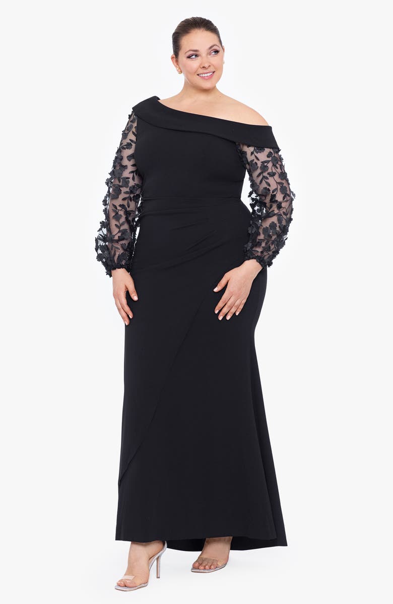 Xscape Evenings Floral Appliqué Off the Shoulder Long Sleeve Gown, Alternate, color, 