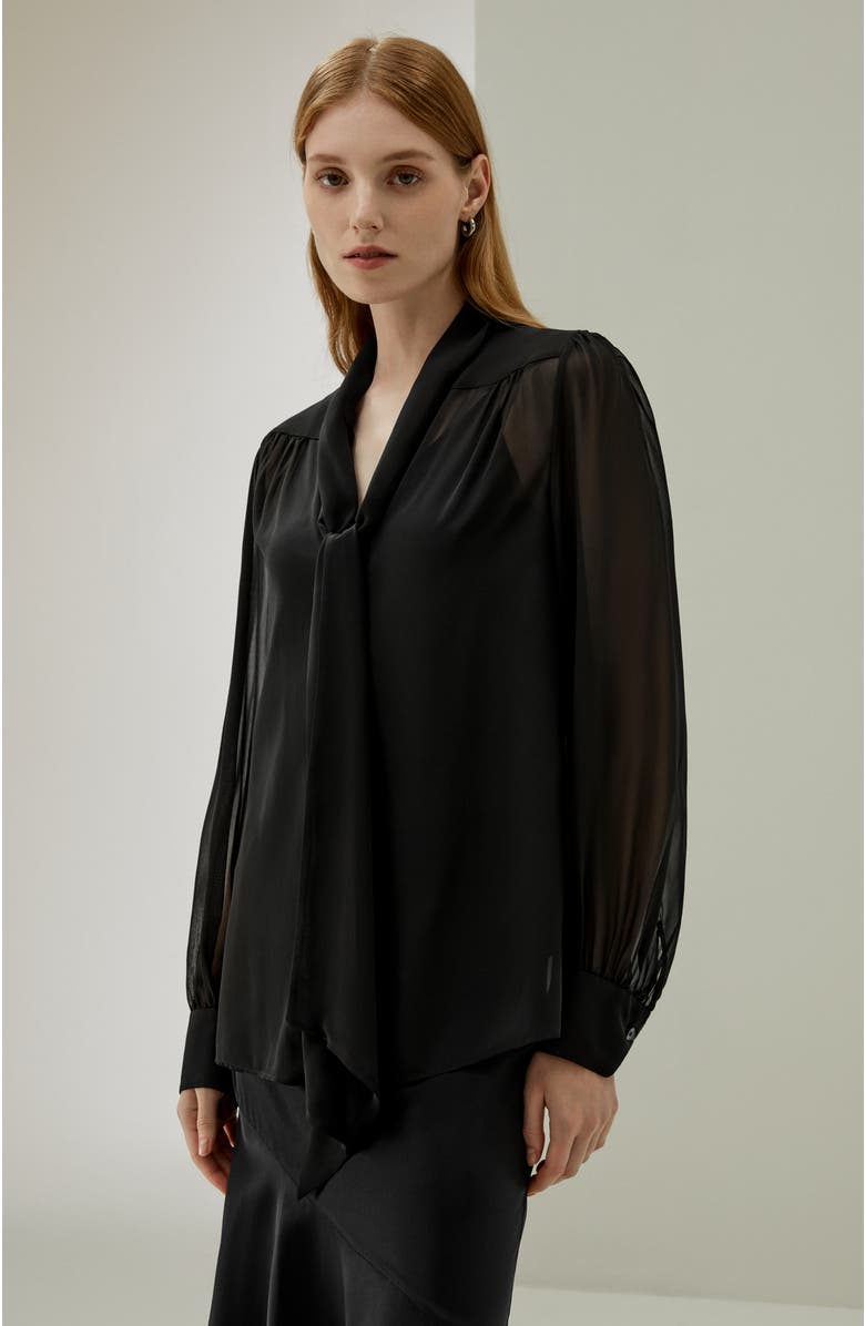 Lilysilk Bow Tie Sheer and Lightweight Silk Jasmine Blouse, Alternate, color, Black