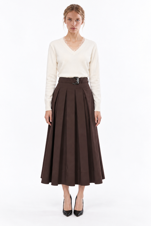 High Waist Pleated Midi Skirt With Buckle Belt