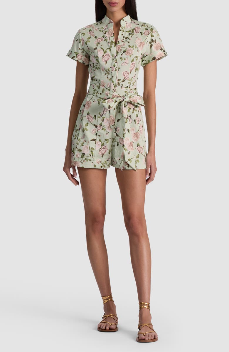 Alice + Olivia Lucy Floral Belted Romper, Main, color, Garden Gossip Light Sage