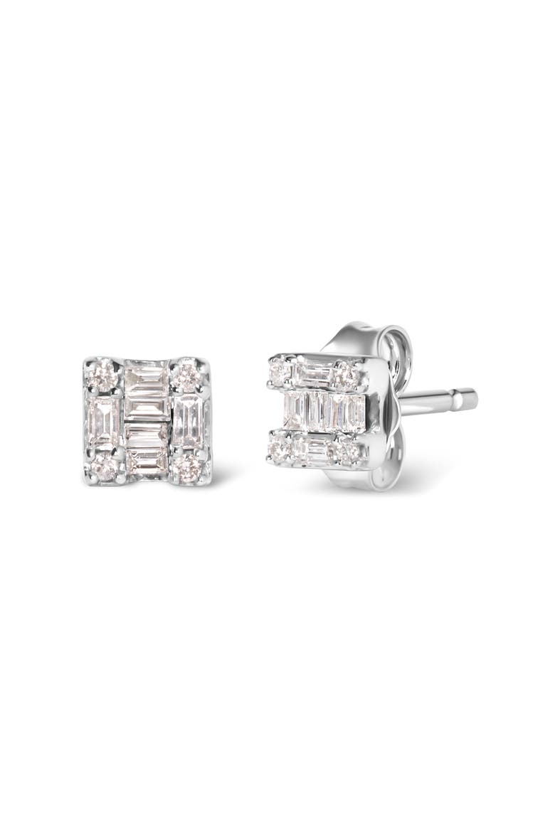 10K White Gold 1/7 Ct Round and Baguette Diamond Mosaic Square Stud Earrings, Alternate, color, White