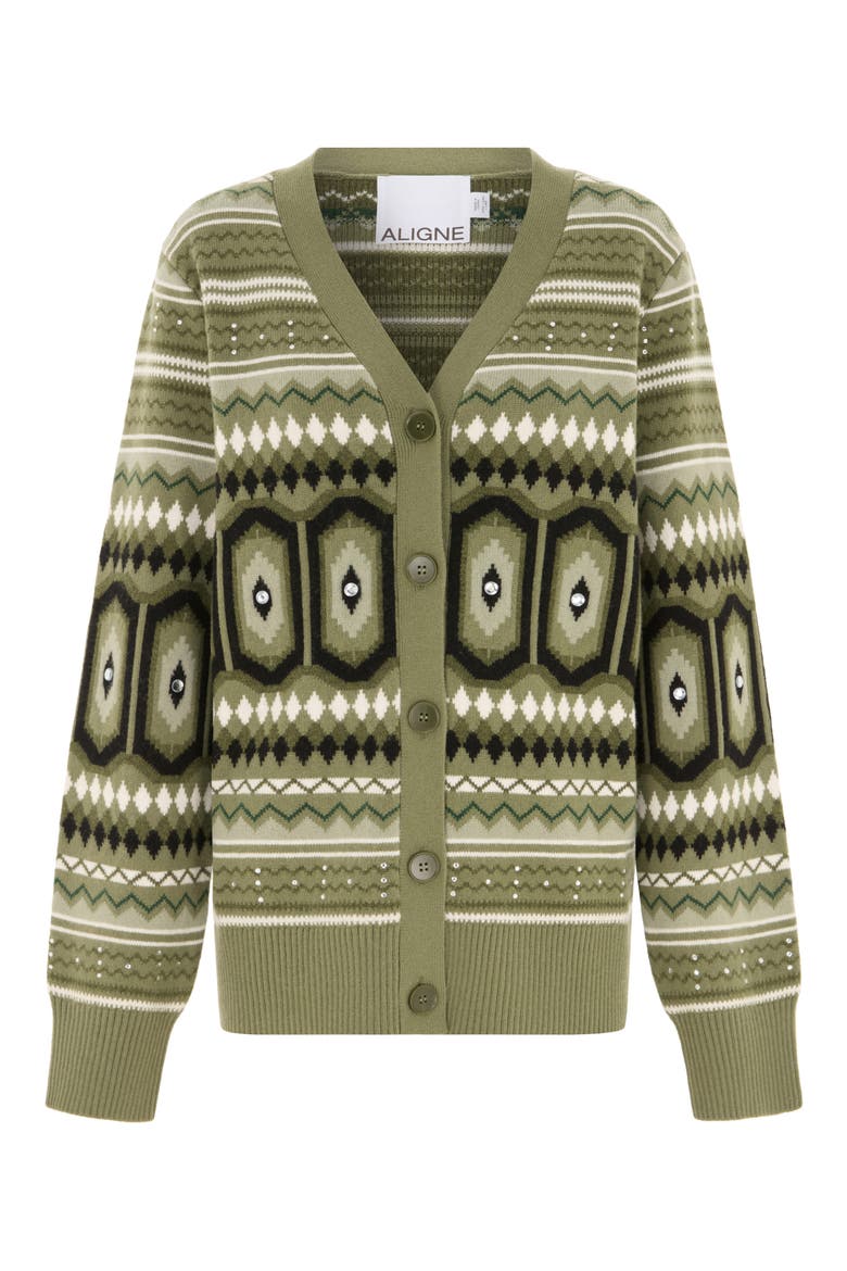 Federika Embellished Fair Isle Cotton & Wool Blend Cardigan, Alternate, color, GREEN