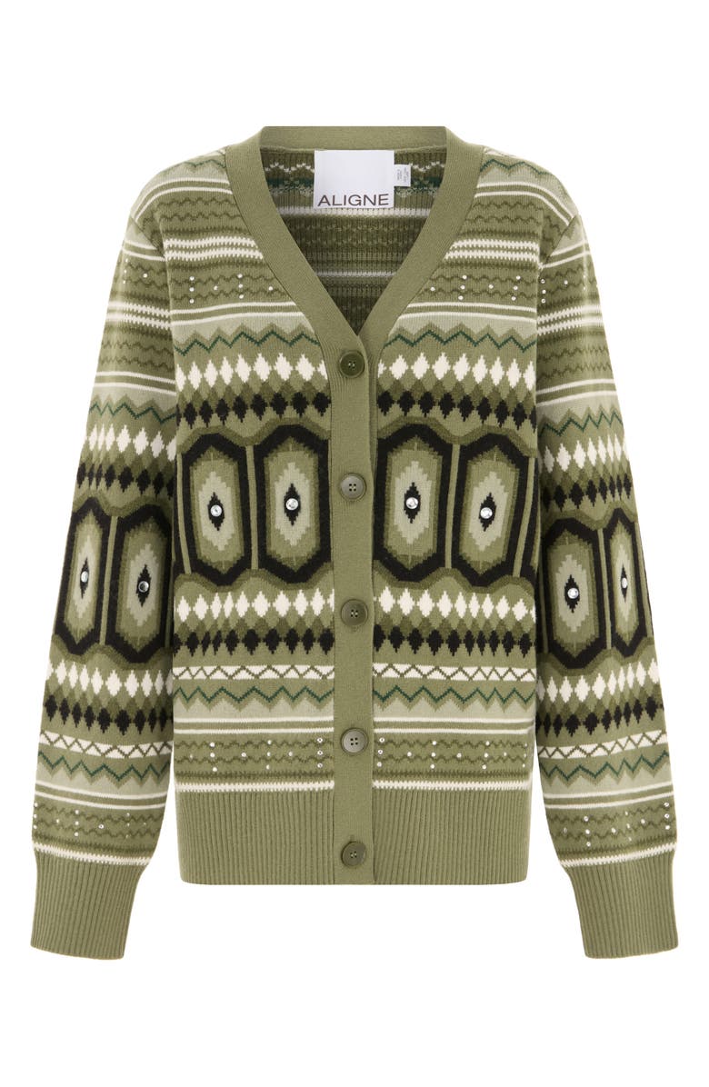 ALIGNE Federika Embellished Fair Isle Cotton & Wool Blend Cardigan, Alternate, color, Green