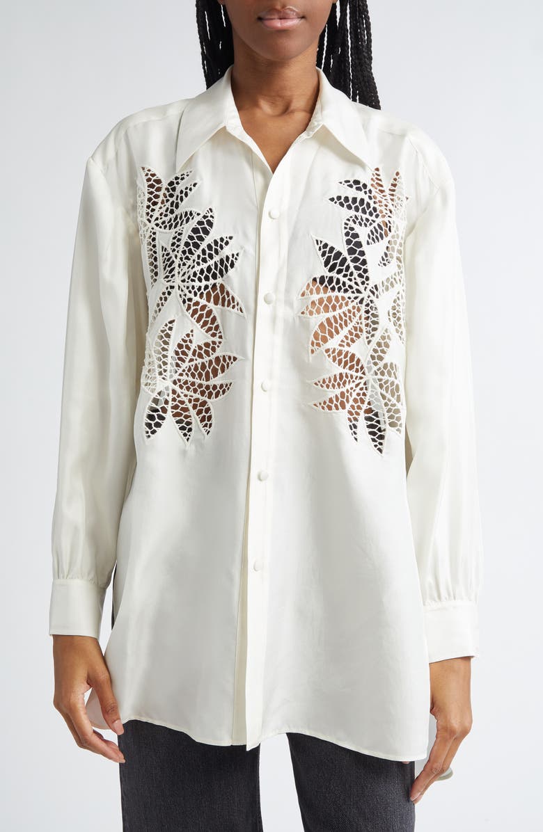 Diotima Lace Panel Silk Button-Up Shirt, Main, color, 