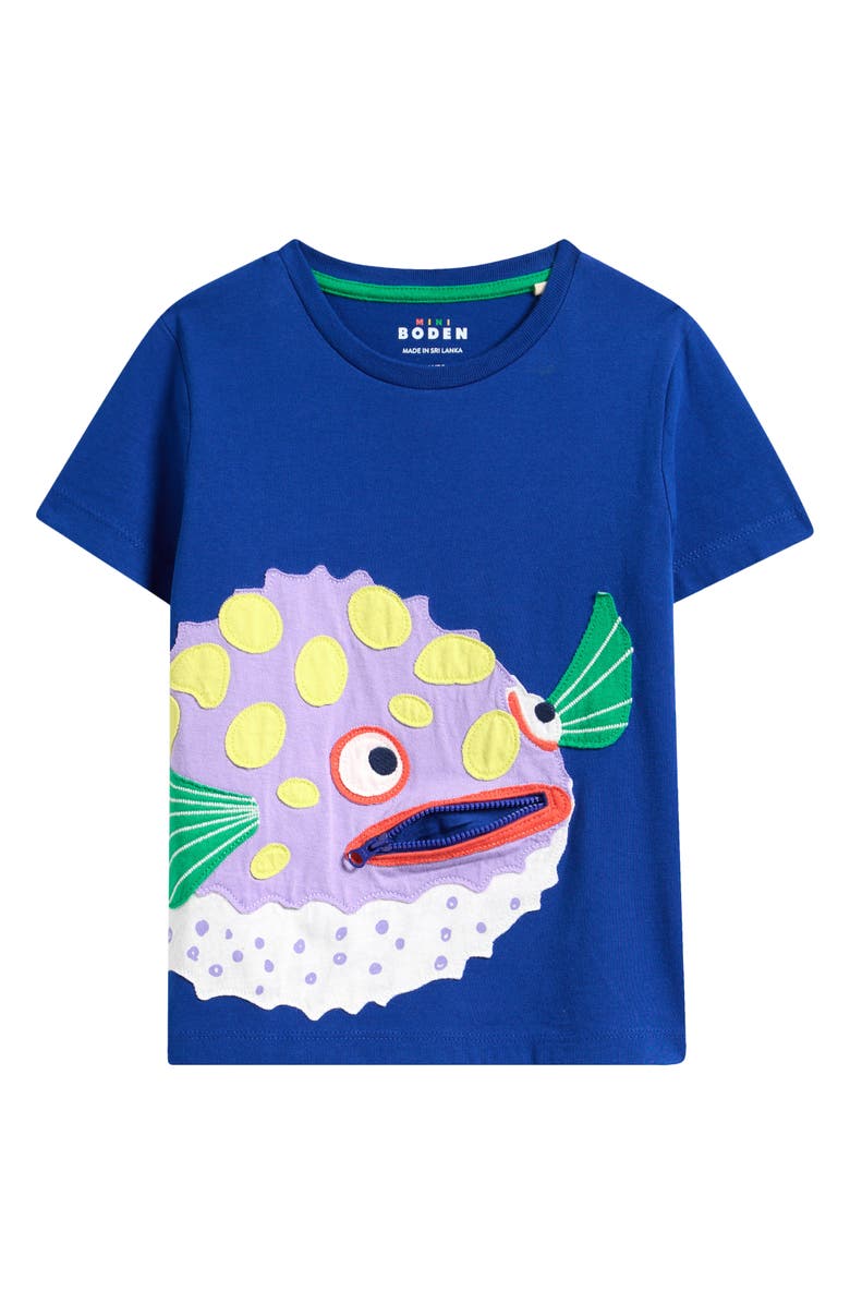 Mini Boden Kids' Zip Pocket Pufferfish Appliqué T-Shirt, Alternate, color,