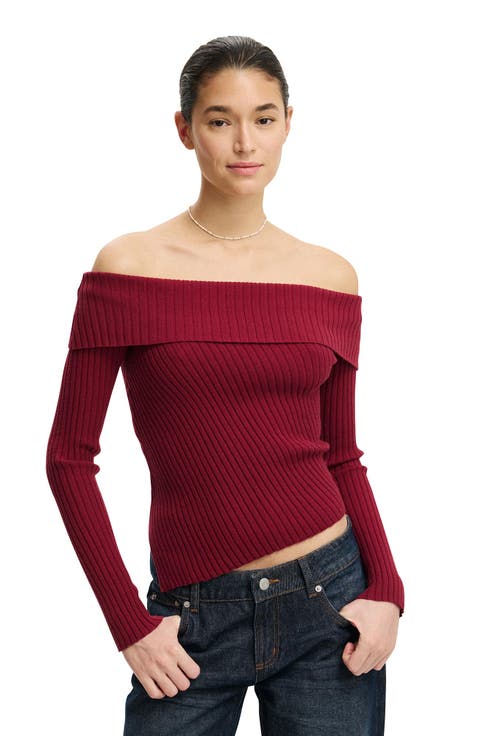 Women's Asym Rib Off Shoulder Knit