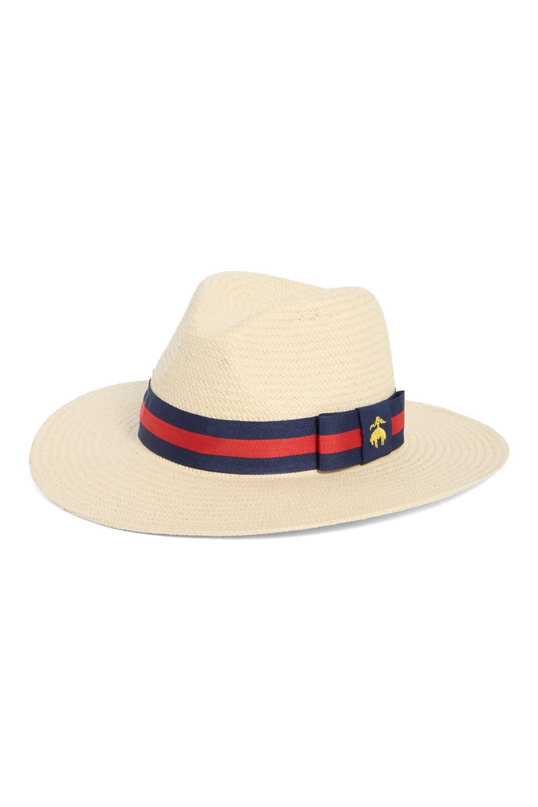 Stripe Grosgrain Band Fedora, Main, color, NATURAL/ NAVY/ RED