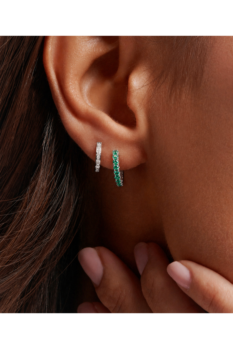 Green Emerald Bold Diamond Huggies, Alternate, color, White Gold