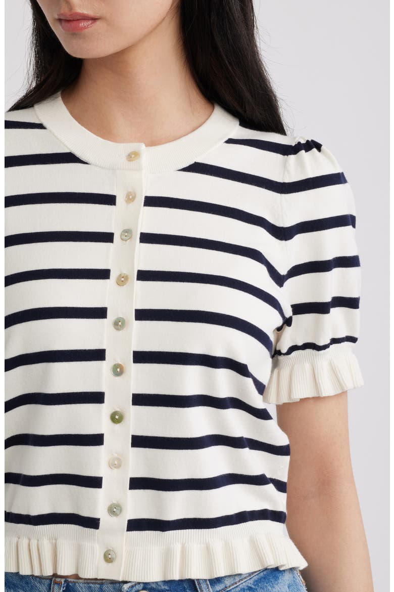 Lora Stripe Short Sleeve Cardigan, Alternate, color, IVORY NAVY STRIPE