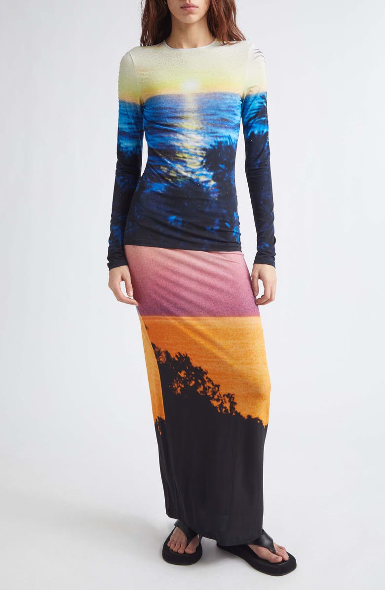 Rabanne Crystal Embellished Tropical Print Jersey Top, Alternate, color, Big Tornado Blue/ Yellow