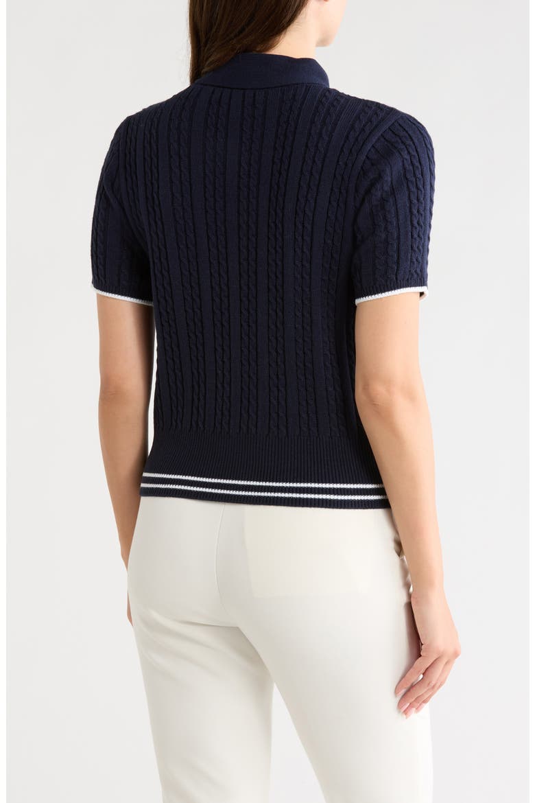 Tie Neck Short Sleeve Cable Knit Sweater, Alternate, color, NAVY