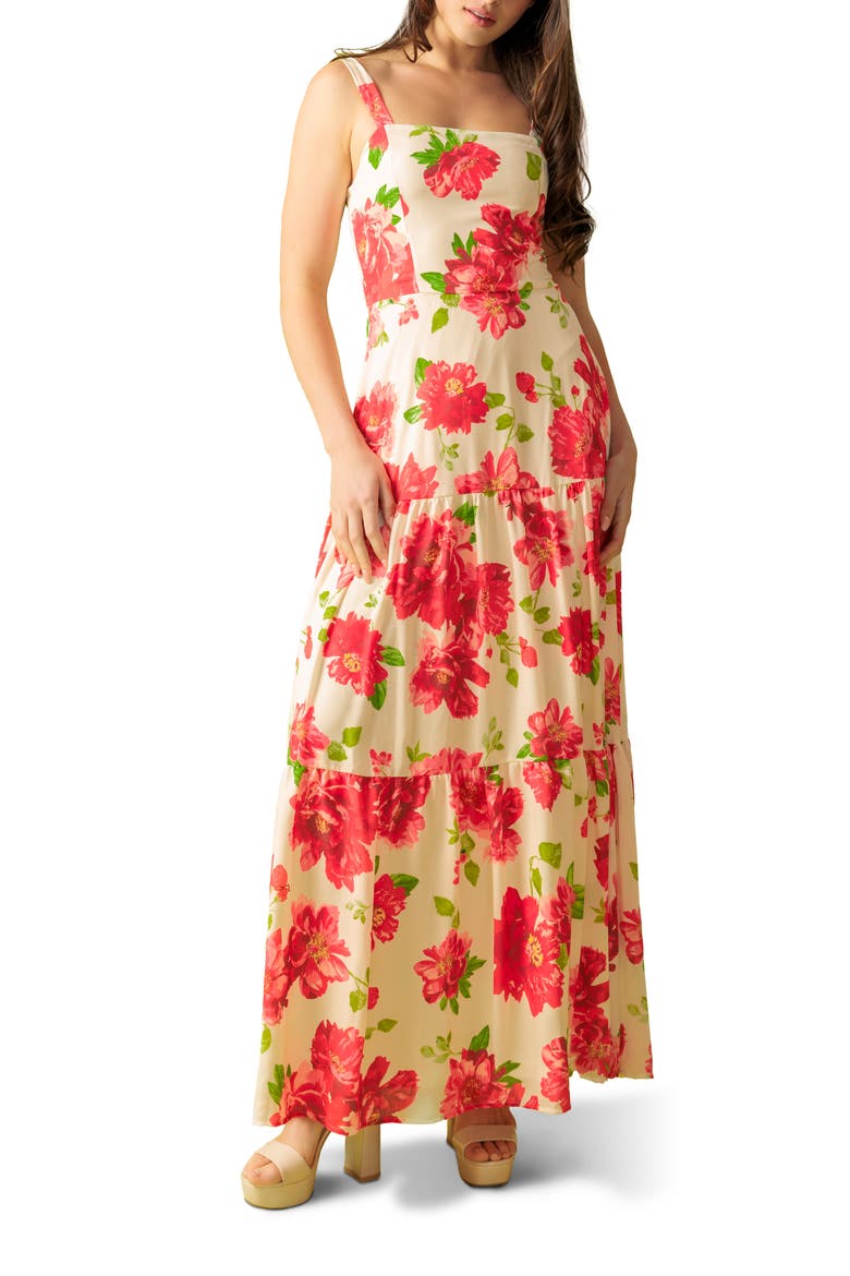 Floral Print Maxi Dress, Main, color, WHITE RED