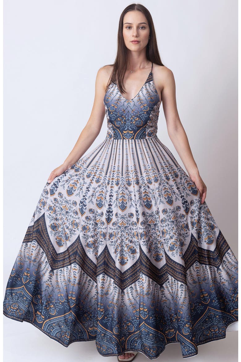 Ruba Open Back Printed Long Dress, Main, color, Blue