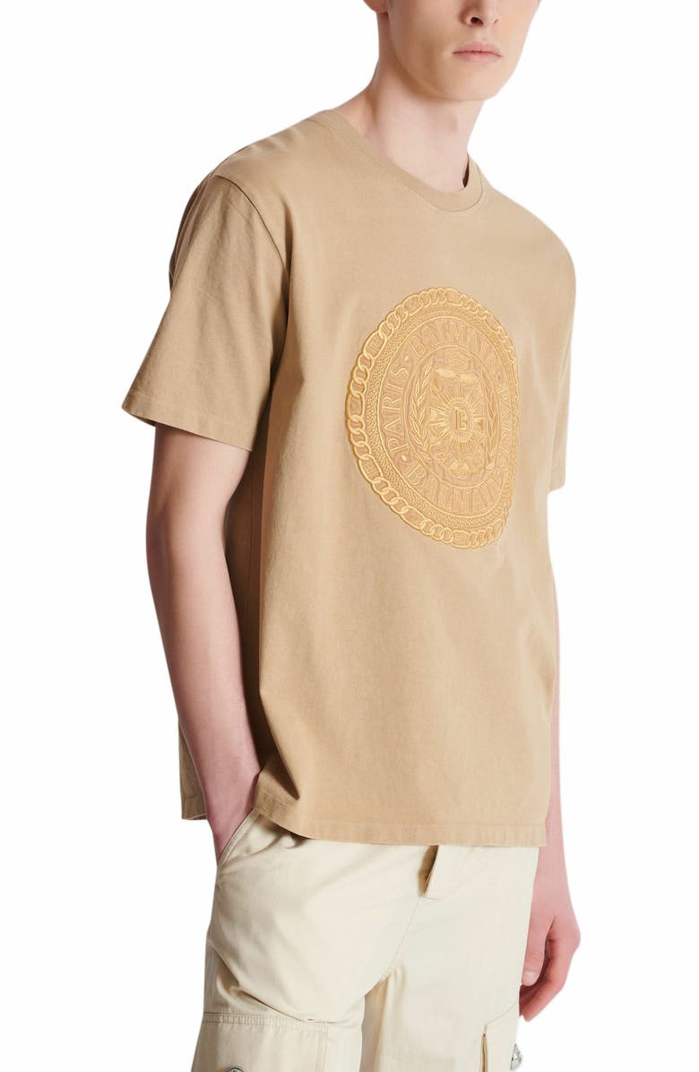 Balmain Embroidered Balmain Médaille T-Shirt, Alternate, color, Beige