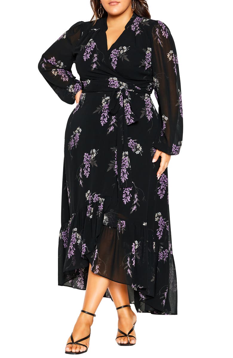 City Chic Grace Floral Long Sleeve Wrap Maxi Dress, Main, color,