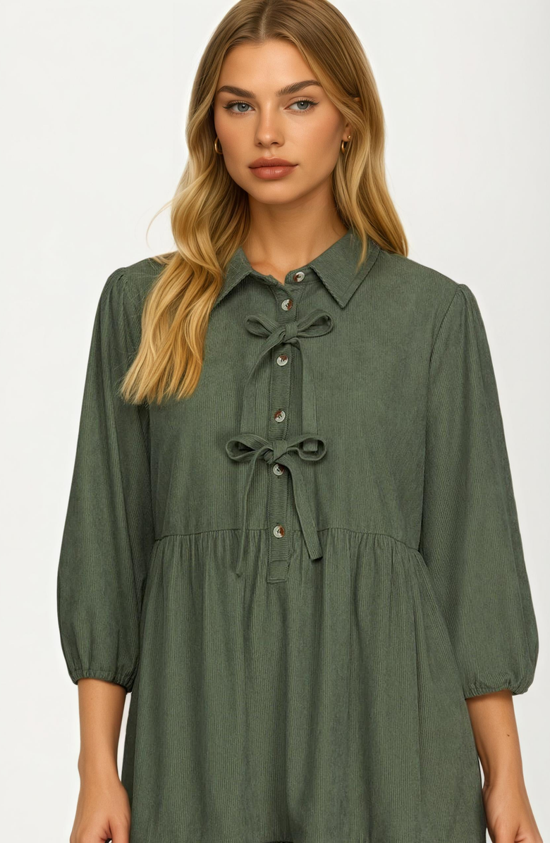 Knit and Lounge Bow Front Corduroy Mini Dress, Alternate, color, Green
