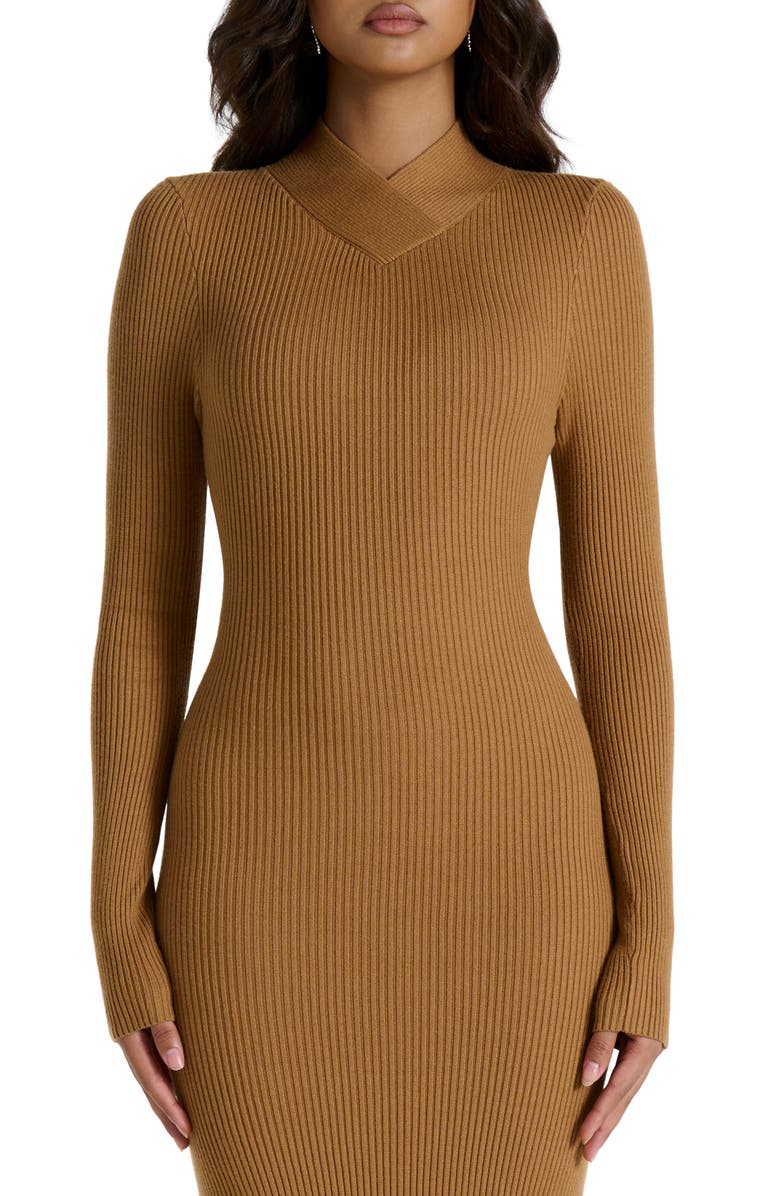 Naked Wardrobe Rib Long Sleeve Body-Con Sweater Dress, Alternate, color, Camel