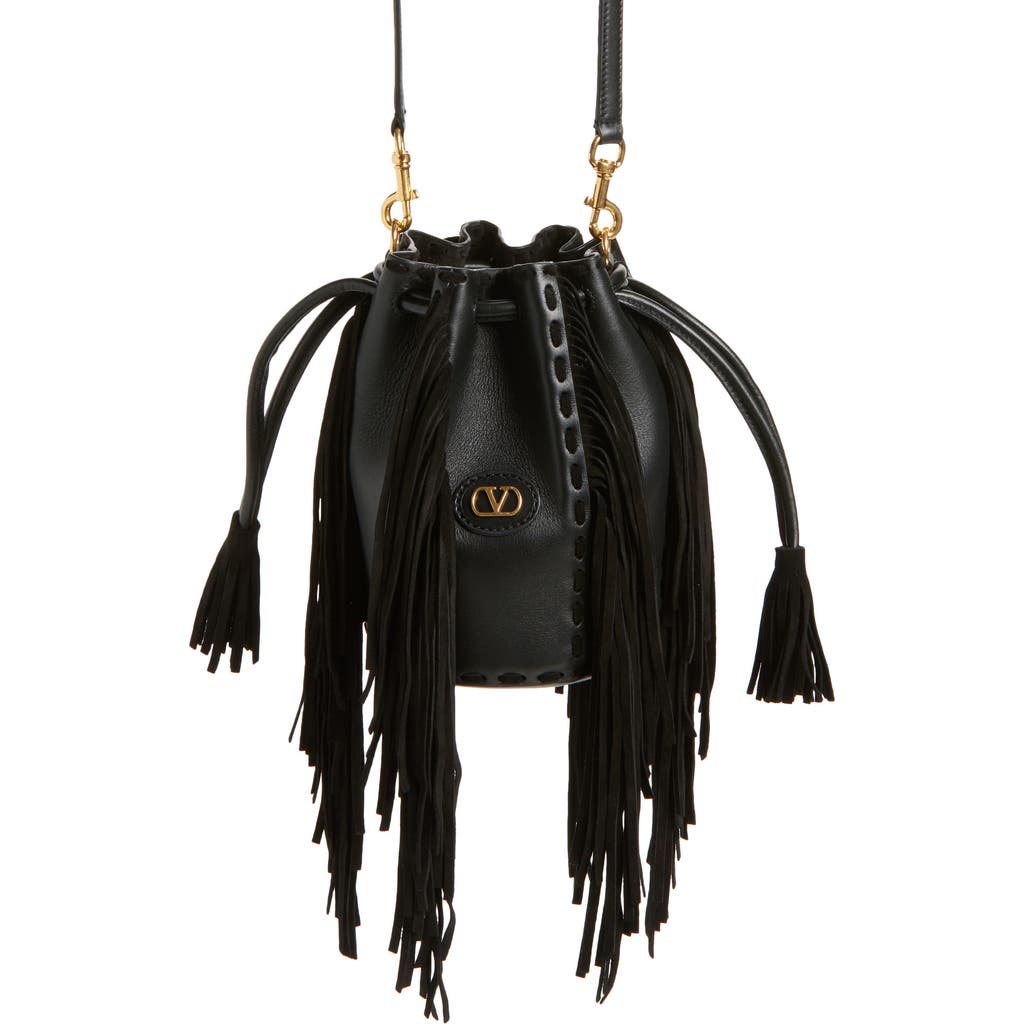 Valentino Garavani Small Nellcôte Fringed Leather Bucket Bag In Black