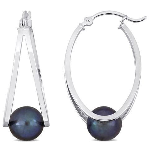 Black Cultured Pearl Drop Hoop Earrings