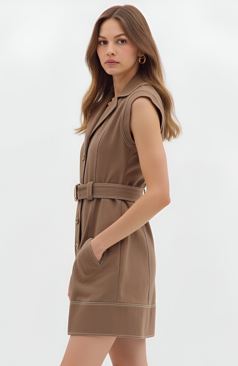 Modenaire Sleeveless Button Front Mini Dress with Notched Collar and Belted Waist, Alternate, color,
