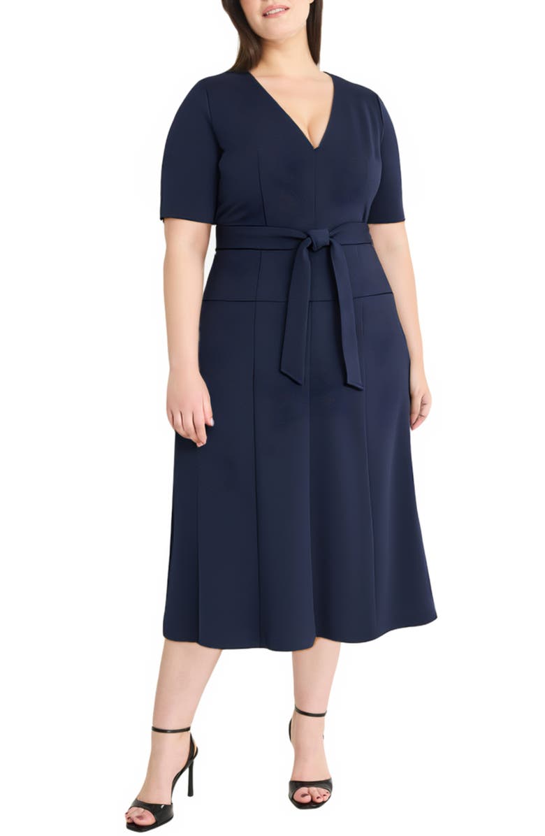 Maggy London Tie Waist Midi Dress, Alternate, color, Navy Blazer