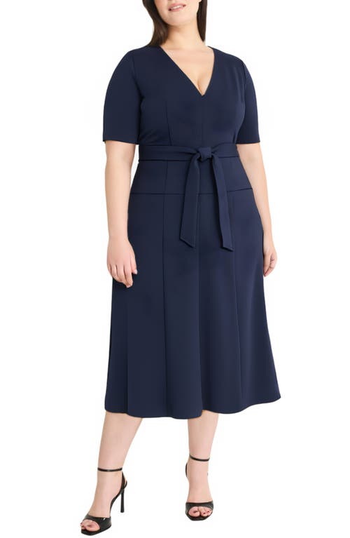Maggy London Plus Size Short Sleeve Tie Waist Midi Dress In Blue
