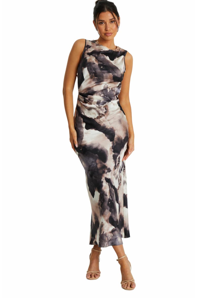 Marble Satin Sleeveless Ruched Waist Maxi Dress, Main, color, Black