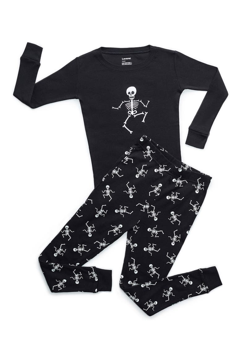 Skeleton 2-Piece Cotton Pajamas, Main, color, BLACK