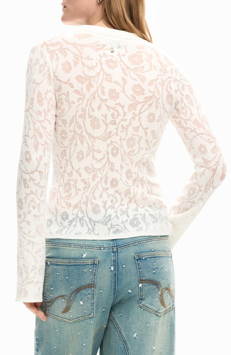 Desigual Floral Jacquard Sheer Button-Up Shirt, Alternate, color, Off White