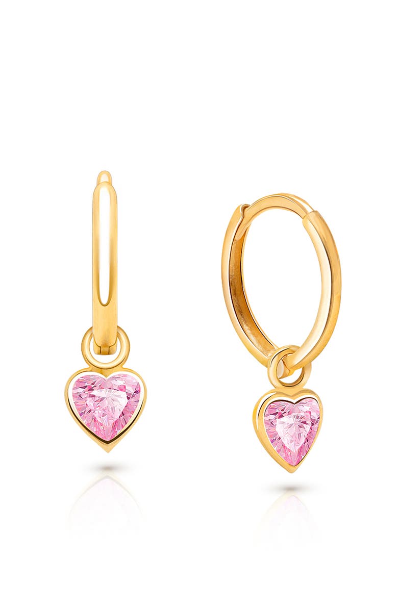 Tiny Blessings 14K Gold Pink Heart Drop Classic 11mm Huggie Hoop Earrings, Main, color, 14K Yellow Gold