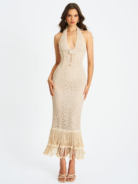 Faelyn Double Fringe Crochet Halter Maxi Dress