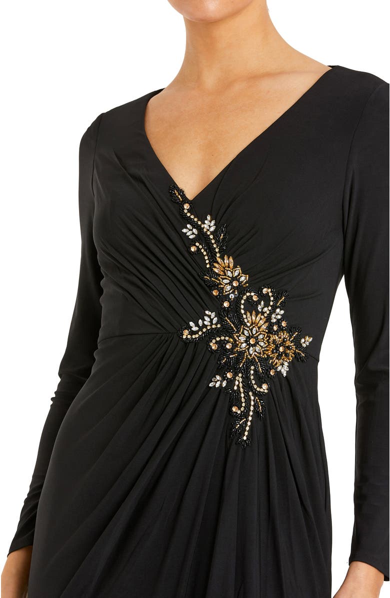 Mac Duggal Faux Wrap Long Sleeve Appliqué Detail Gown, Alternate, color, Black