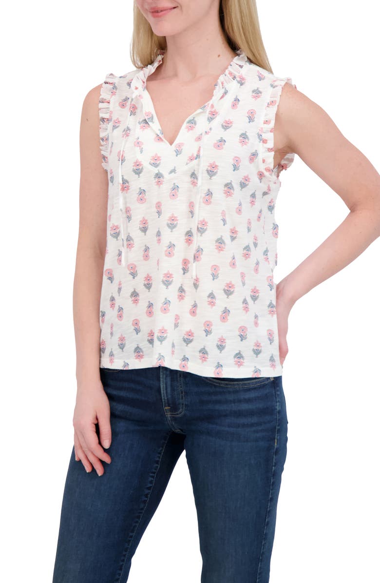 Lucky Brand Ruffle Split Neck Cotton Blend Tank, Alternate, color, White Multi